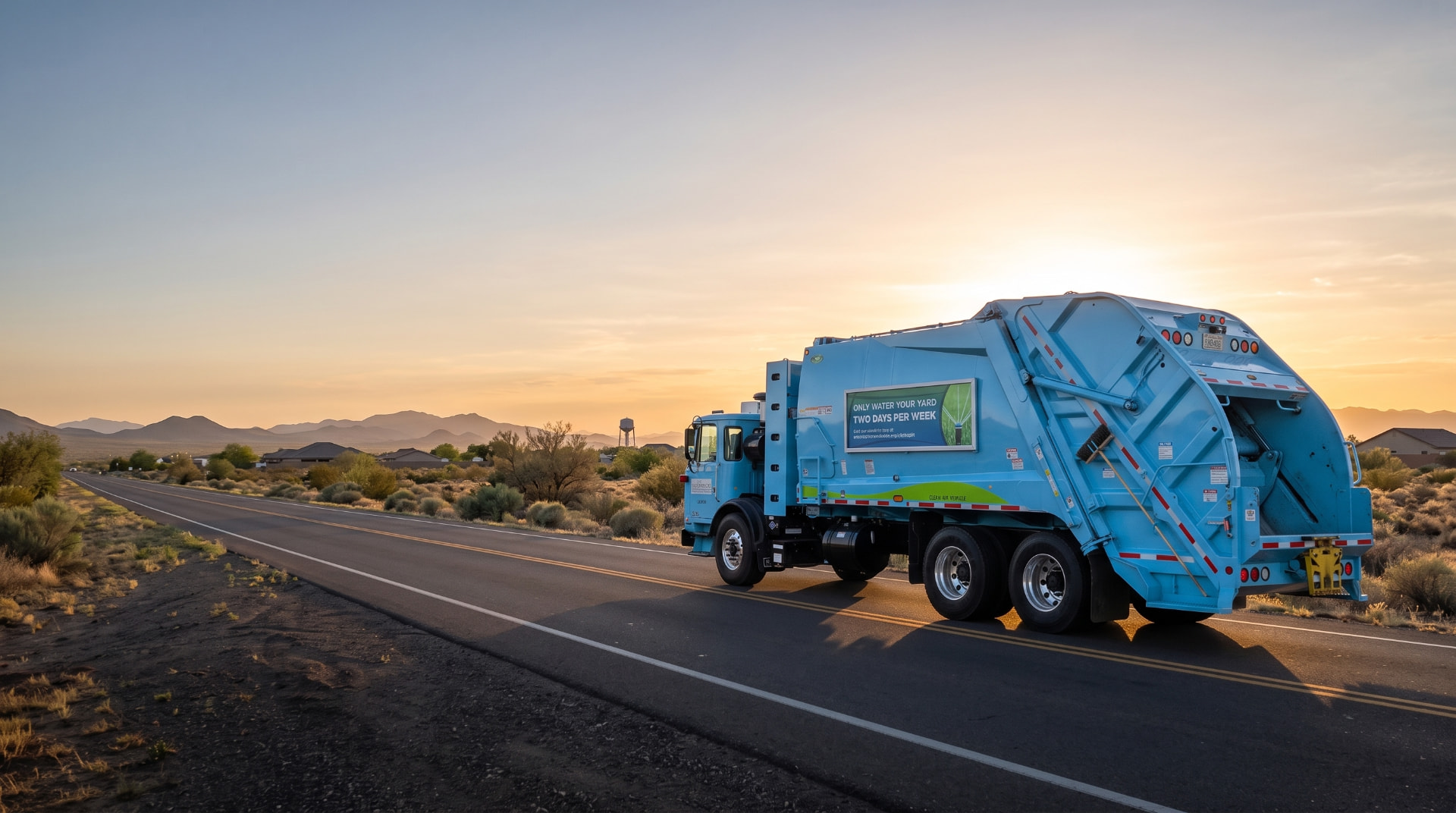 City of Sacramento collection truck displaying a Roadway water-conservation panel reminding residents to water their yards two days per week.