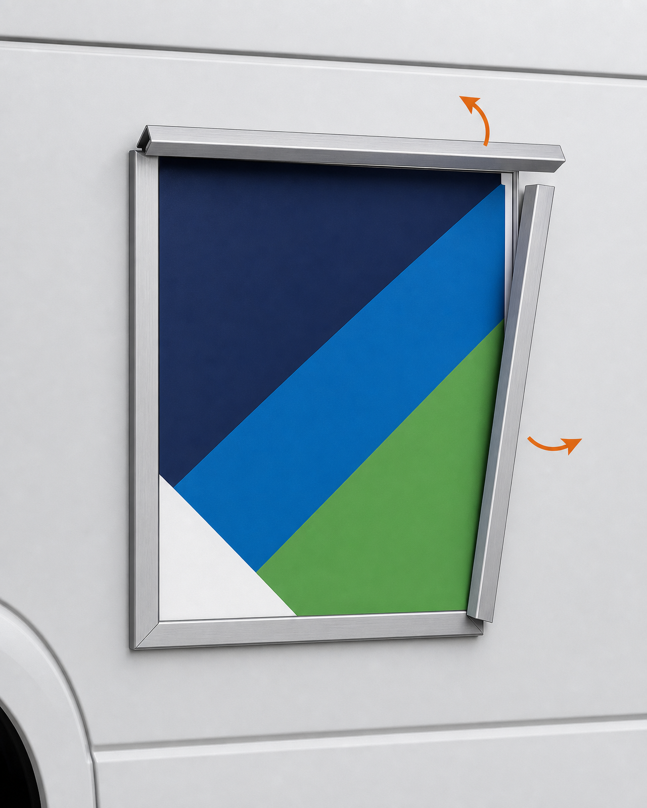Conceptual illustration of a Roadway Displays permanent aluminum frame with its top and right spring-loaded edges opened around an interchangeable printed panel.